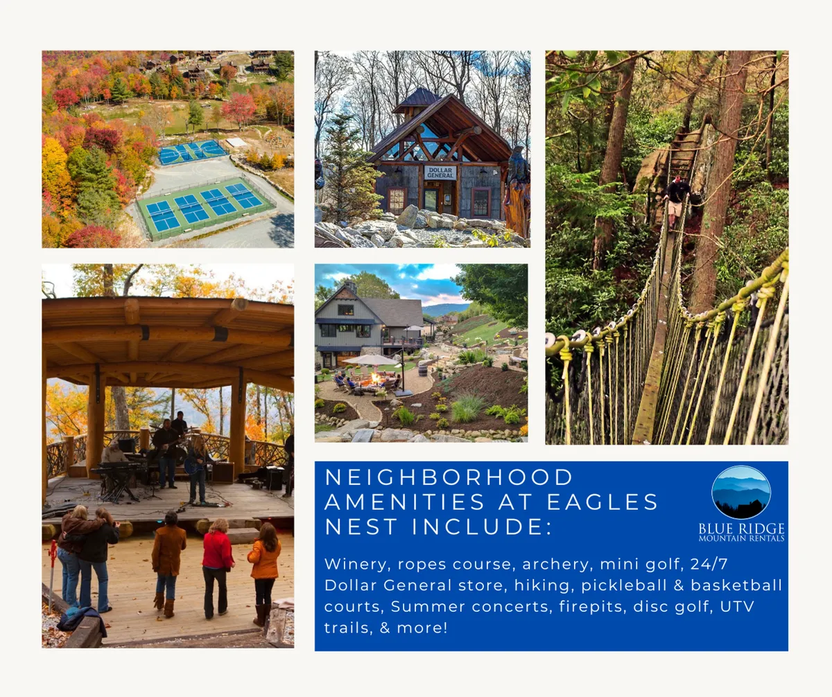 This vibrant exterior scene showcases a lively outdoor concert stage surrounded by scenic mountain views and several amenity spaces. Groups of people are seen enjoying live music, engaging in games like pickleball, and exploring the outdoors, reflecting the communal and adventurous spirit of Eagles Nest.